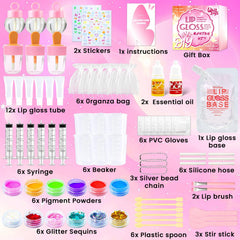 WhizToys clear lip gloss base and pigments arranged for mixing benefit easy customization