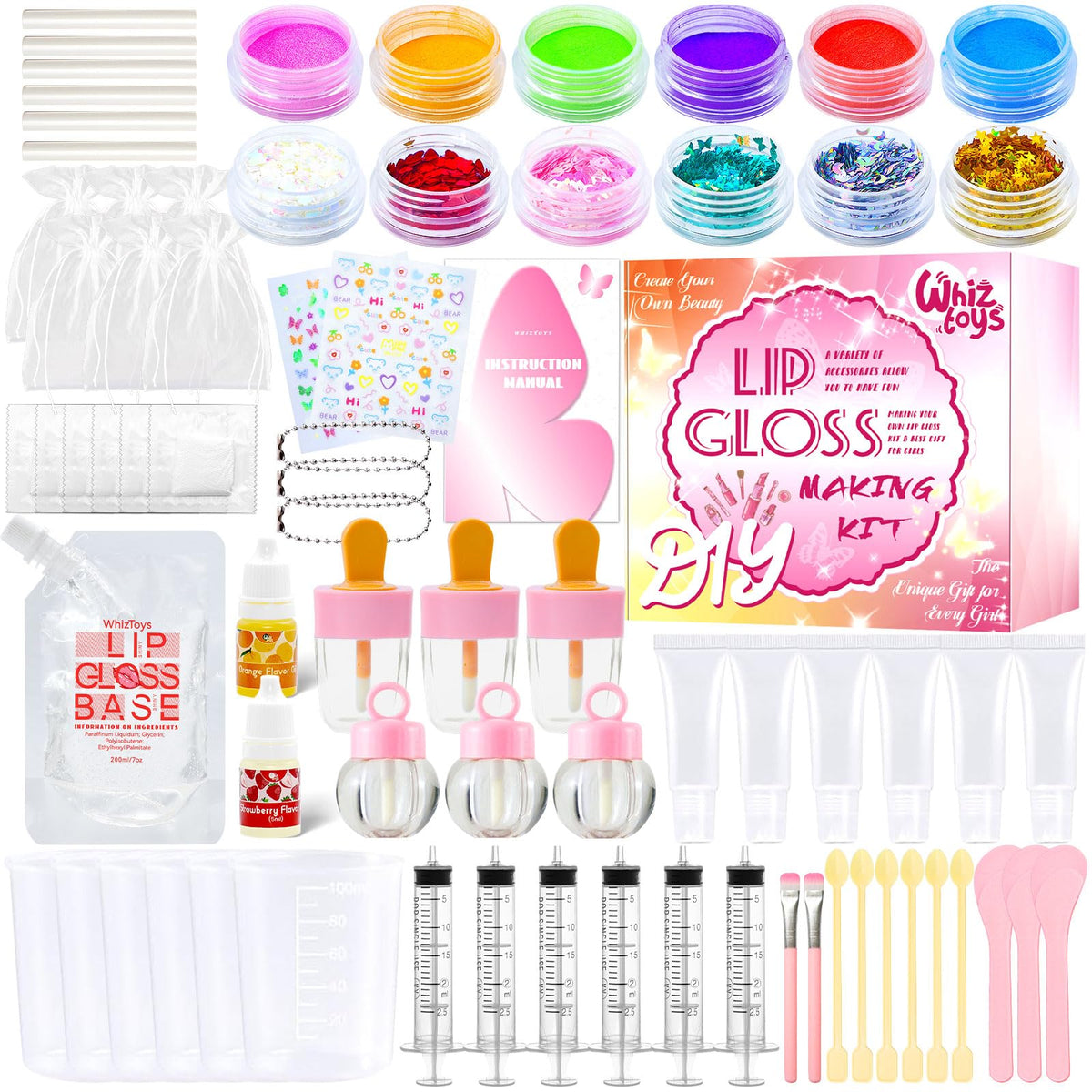 WhizToys front packaging showing full 74-piece lip gloss kit and contents benefit convenience