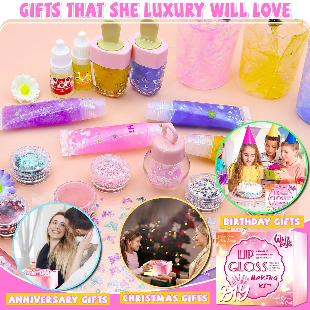WhizToys kit in party setting with friends making glosses benefit fun group activity