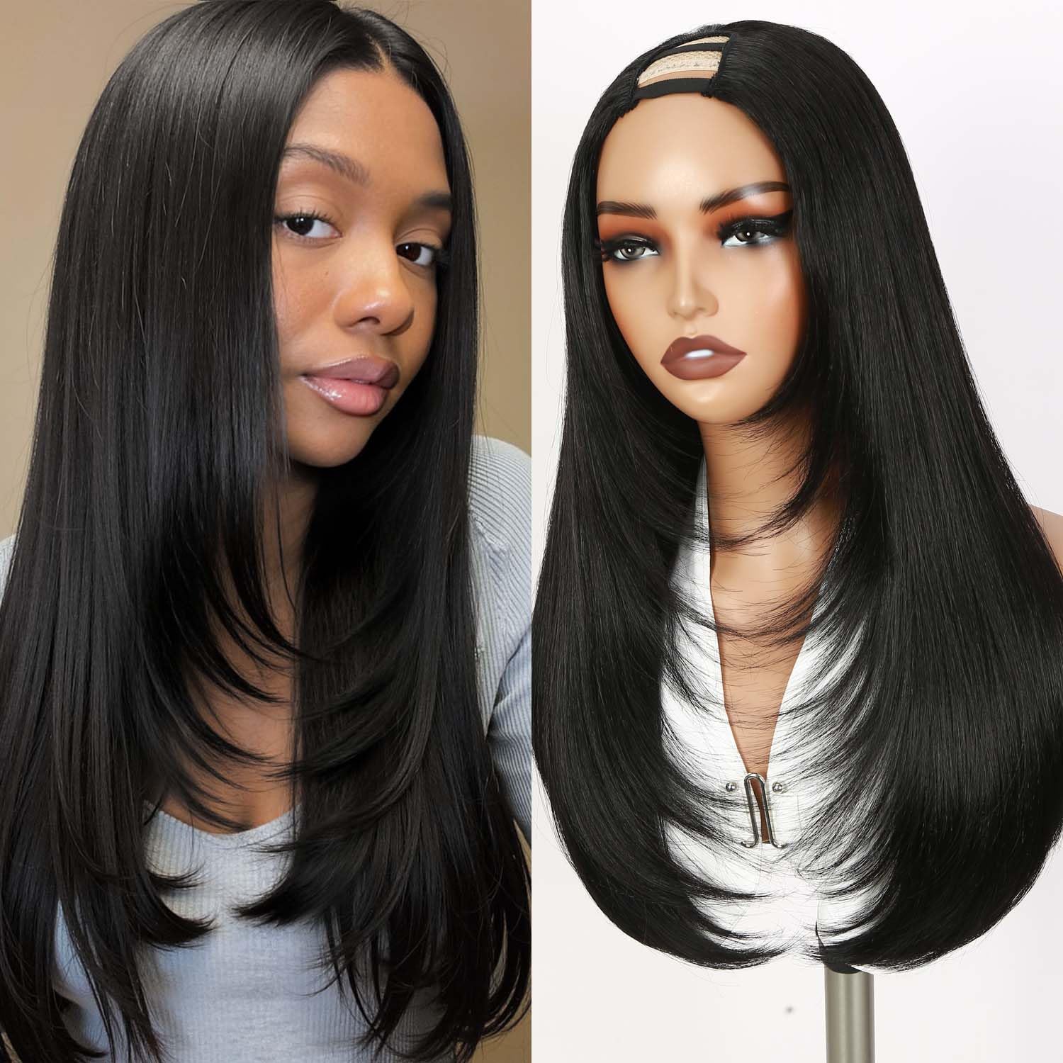 WIGNEE front view long straight U part wig, natural look and instant volume