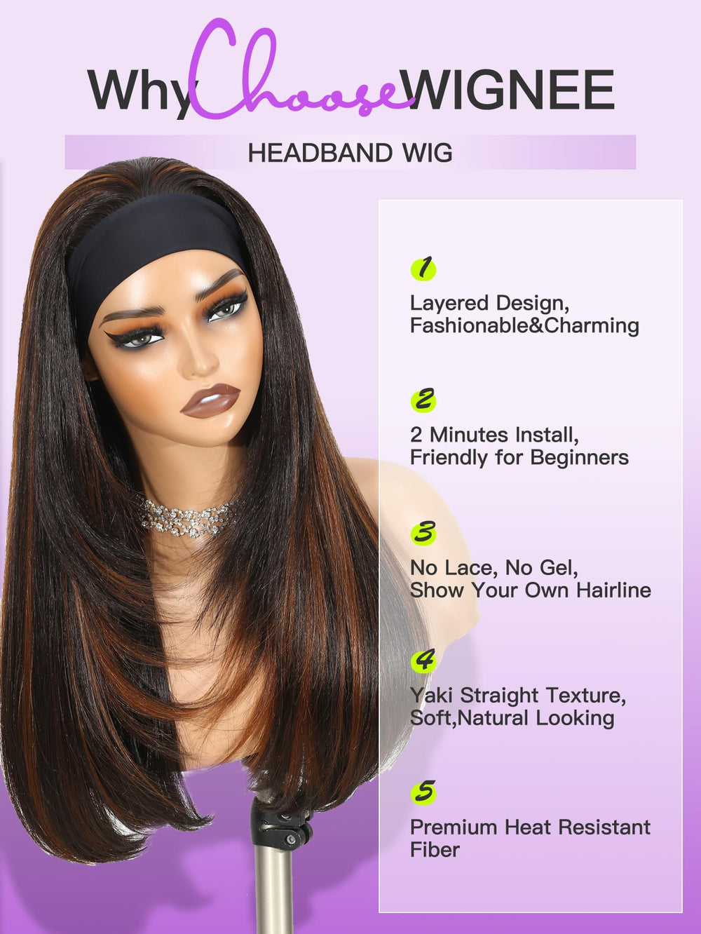 WIGNEE headband and bangs detail, effortless concealment benefit