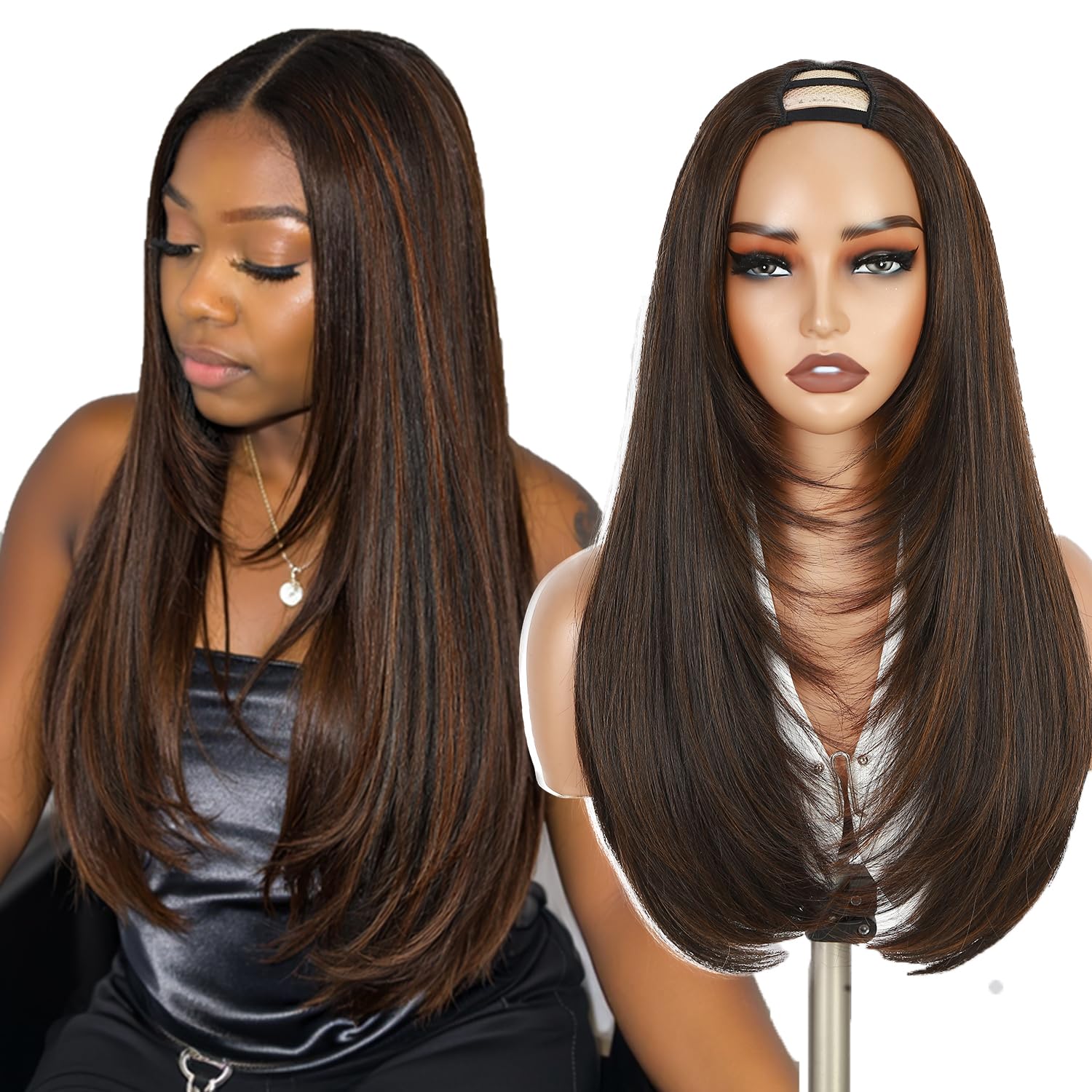 WIGNEE front view of brown U part wig showing natural-looking hairline and easy blend
