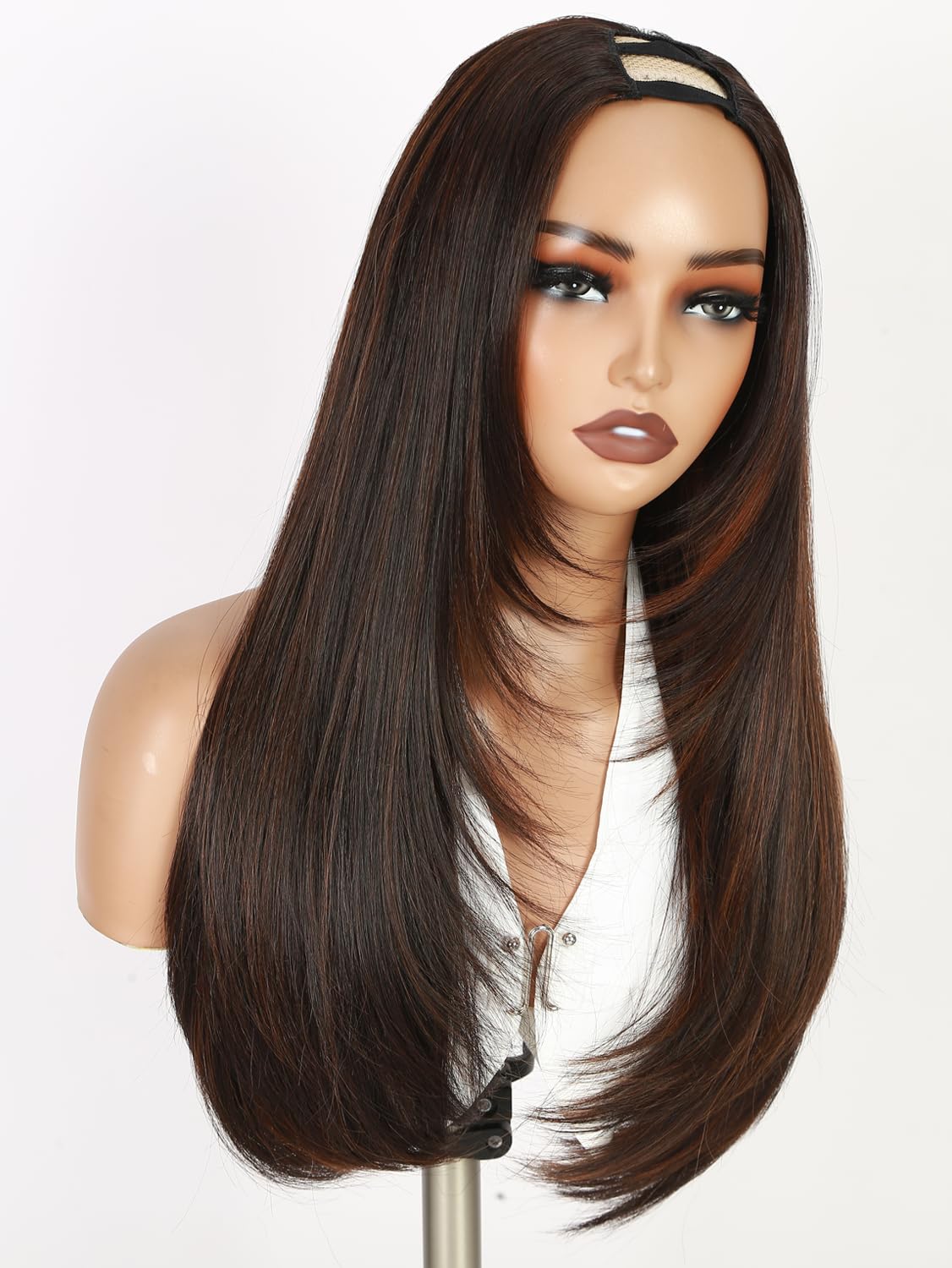 WIGNEE side profile of straight V part half wig showing layered movement and volume