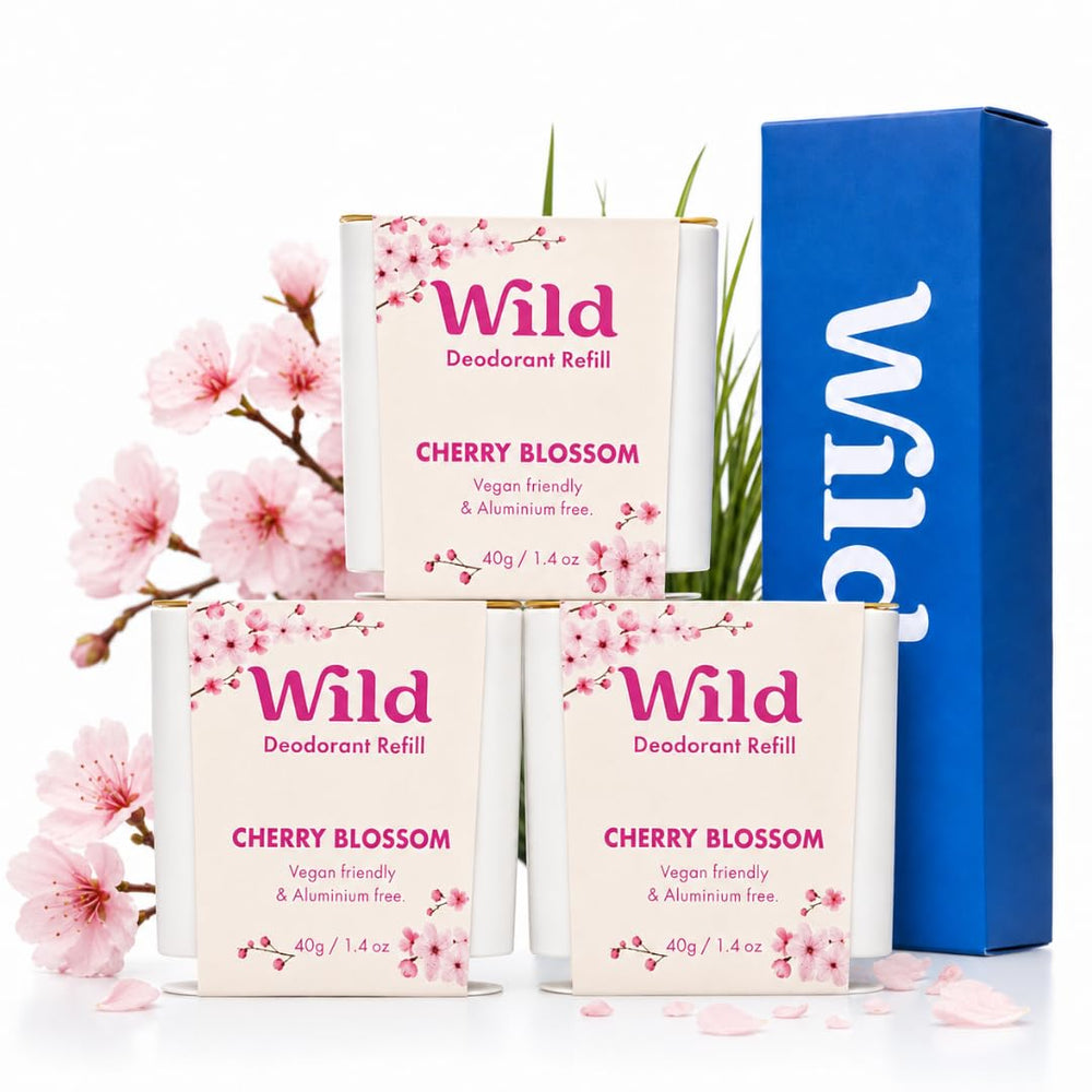Wild Cherry Blossom front box showing three zero-plastic refills and eco packaging benefit
