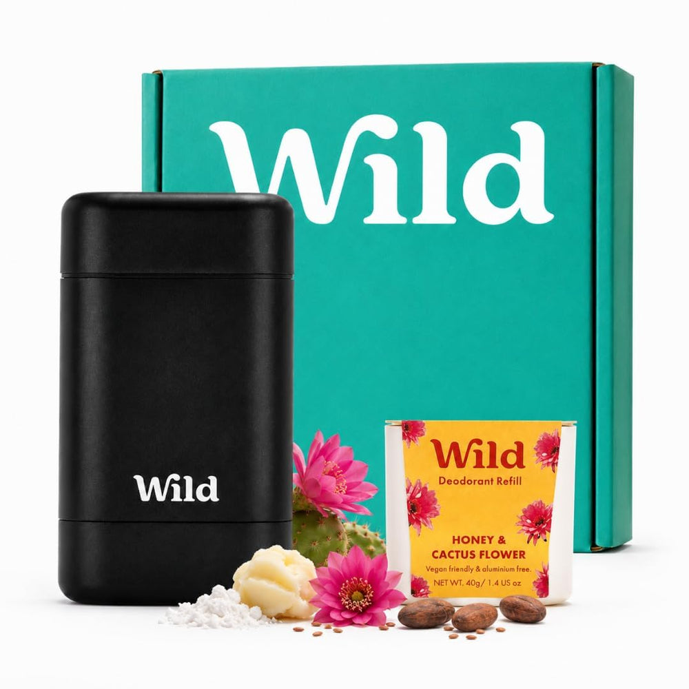 Wild starter kit front view showing case and Honey & Cactus refill, sustainable benefit