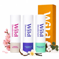 Wild front view of the three mini deodorants showing travel-ready packaging and scent variety