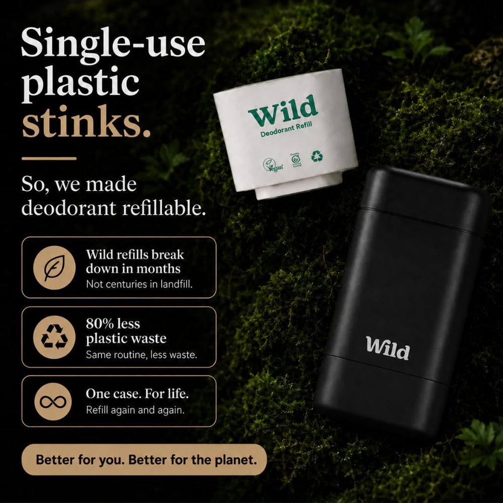 Wild deodorant beside hand for scale showing compact travel-friendly size benefit