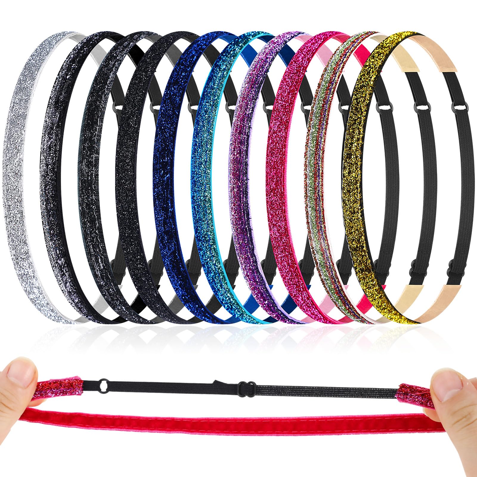 WILLBOND front view of ten glitter headbands showing neutral colors and packaging, adds instant style