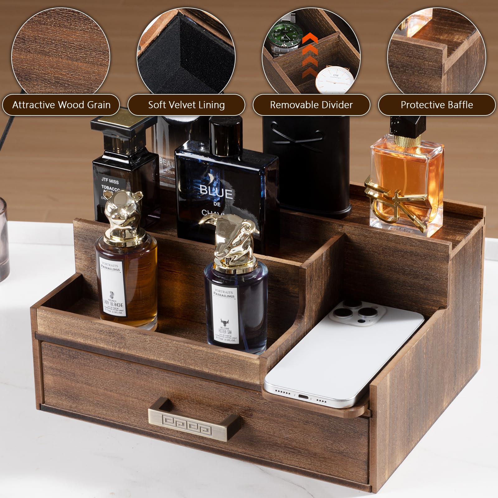 Wishtofly three-tier profile showing staggered shelves for bottles and grooming