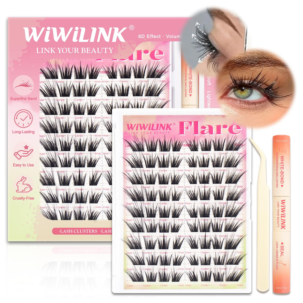 WiWiLINK front packaging showing complete Flare Lash Clusters kit for quick setup