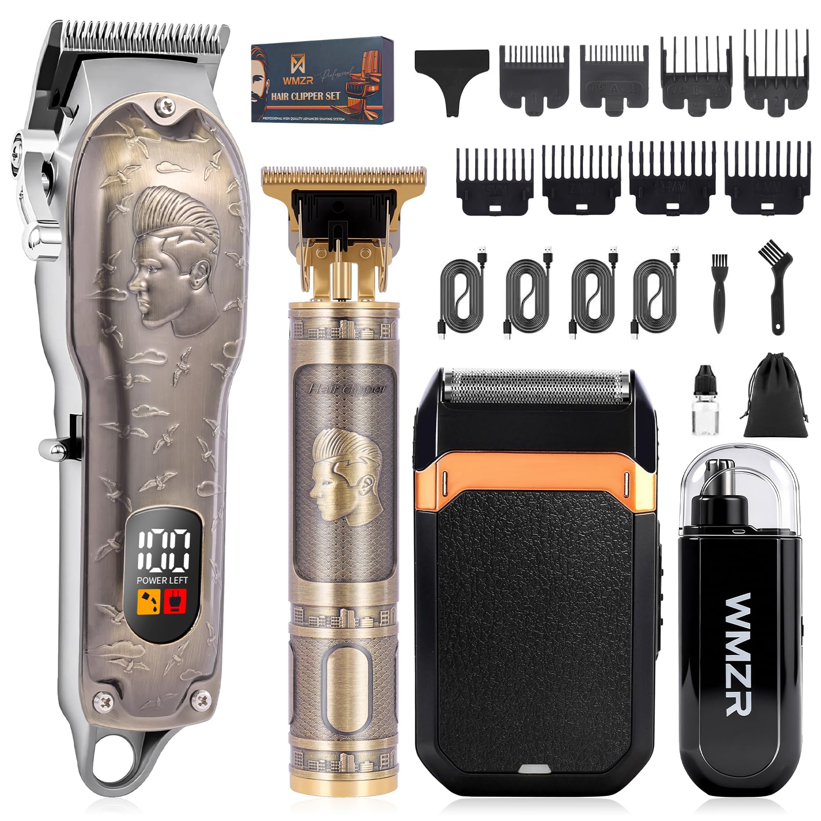 WMZR clipper front view showing ergonomic grip and LED battery display for control