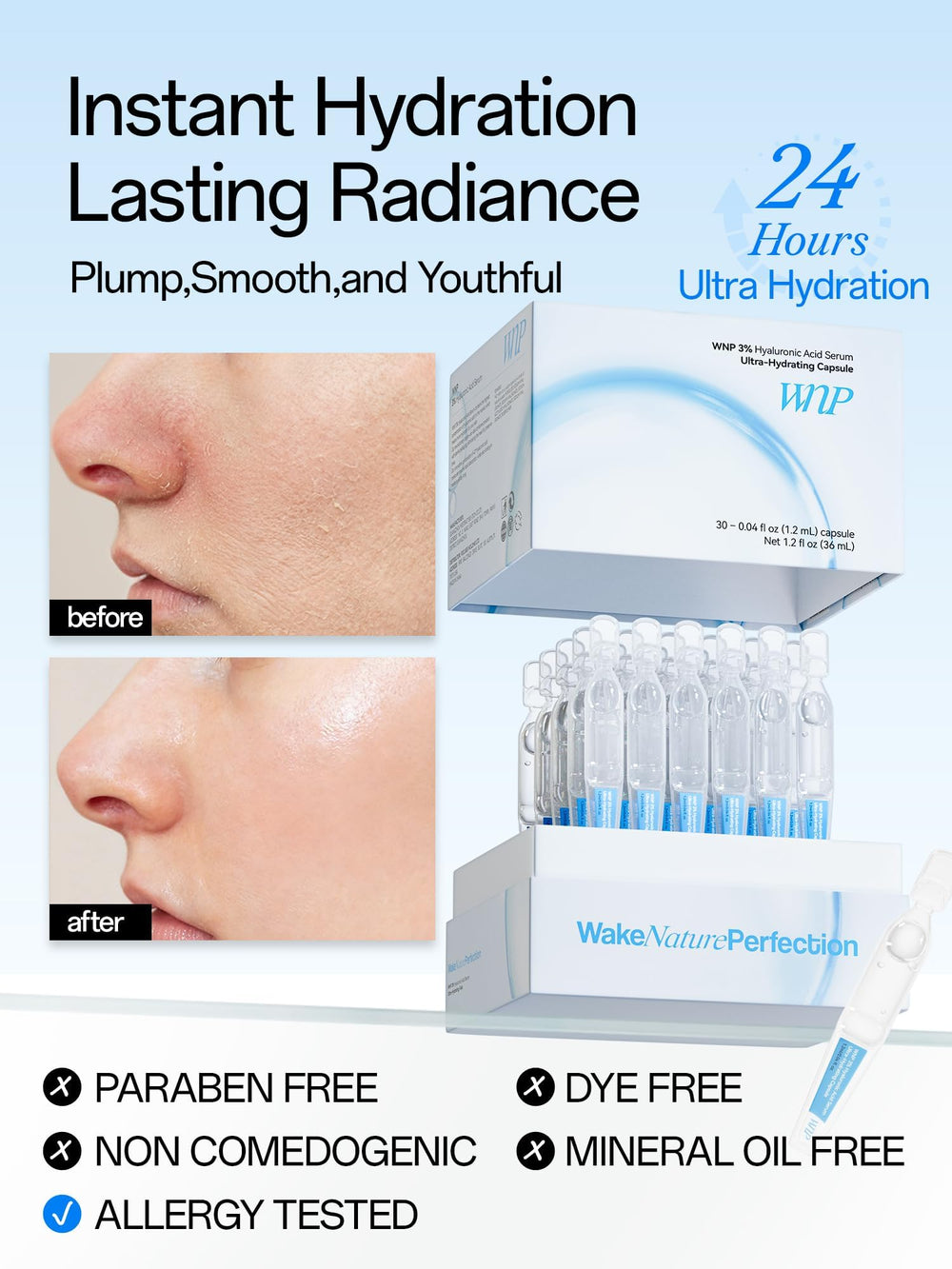 WNP opened ampoule with clear serum dropping, highlighting fresh single-use benefit