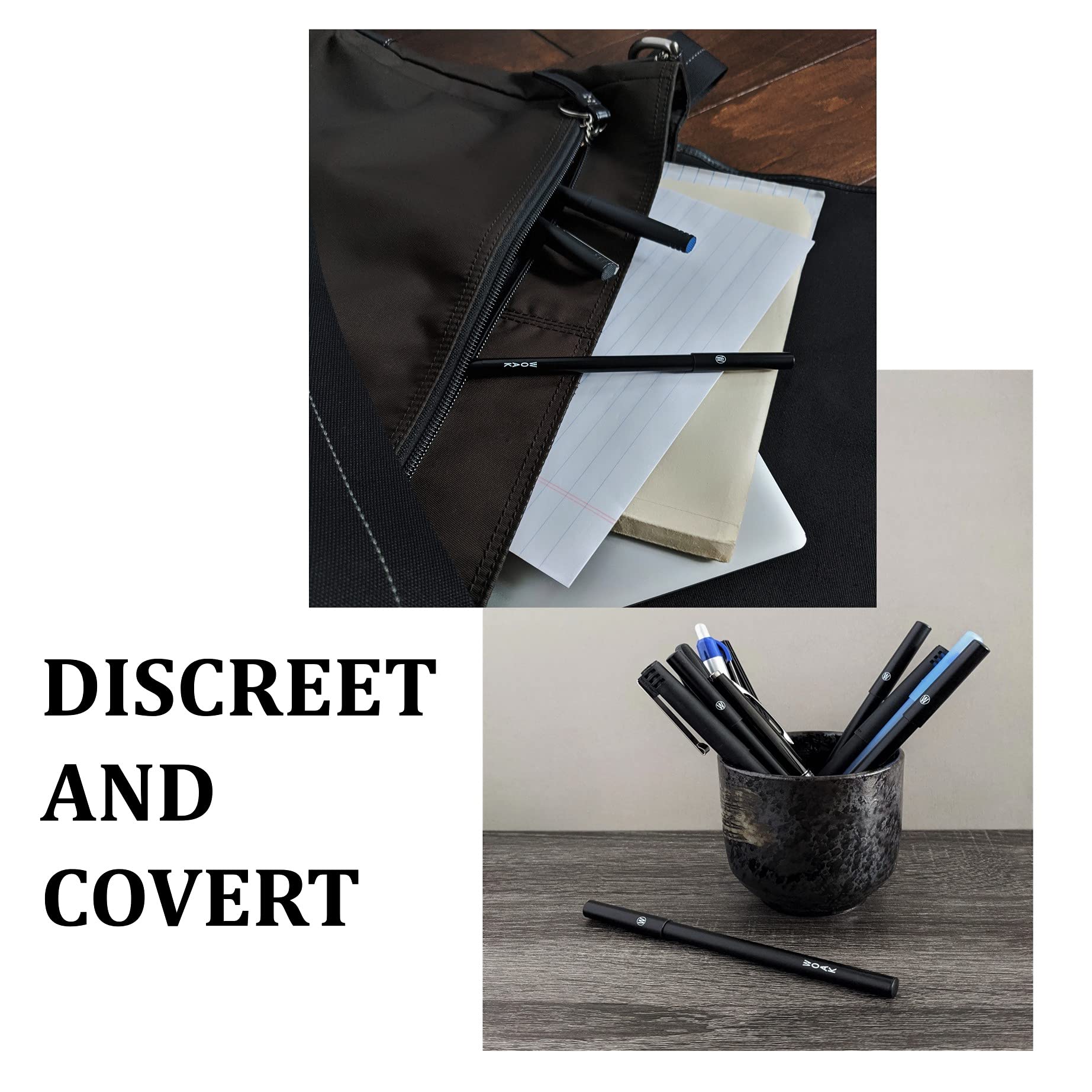 WOAK pen in a shirt pocket to show compact travel-friendly size