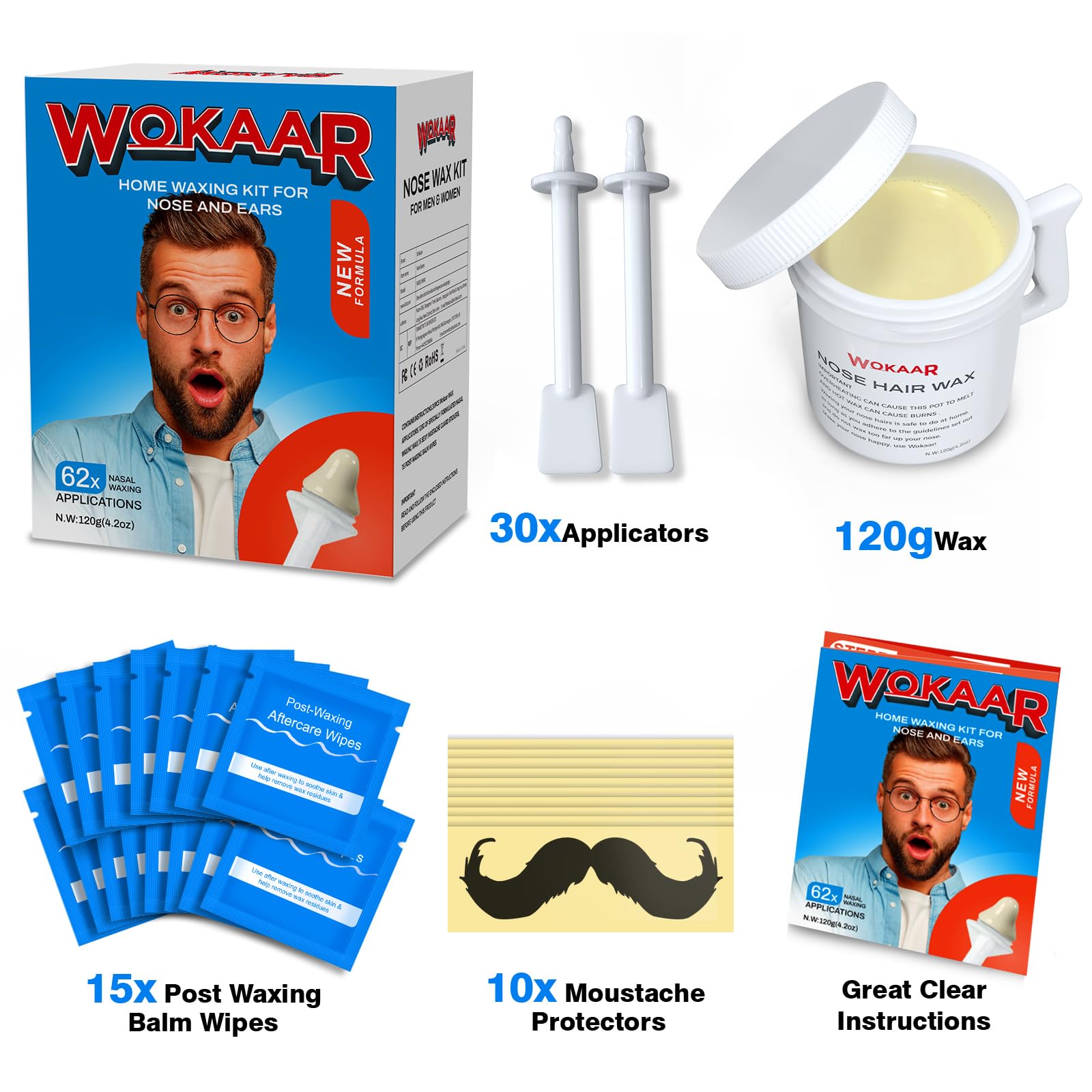 Wokaar aftercare wipes and mustache guards display soothing and protection