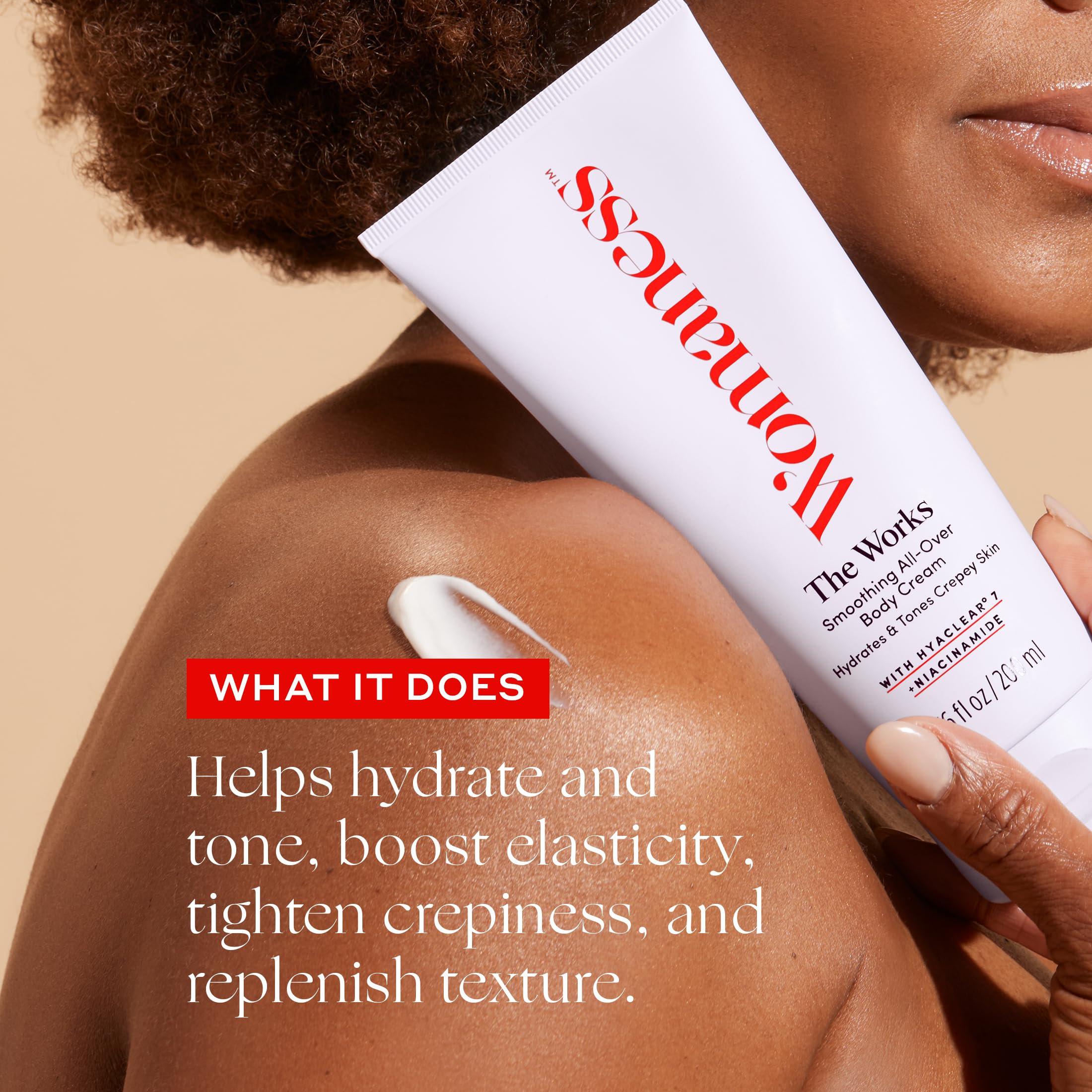 Womaness applied to forearm illustrating quick absorption and immediate smoothing benefit