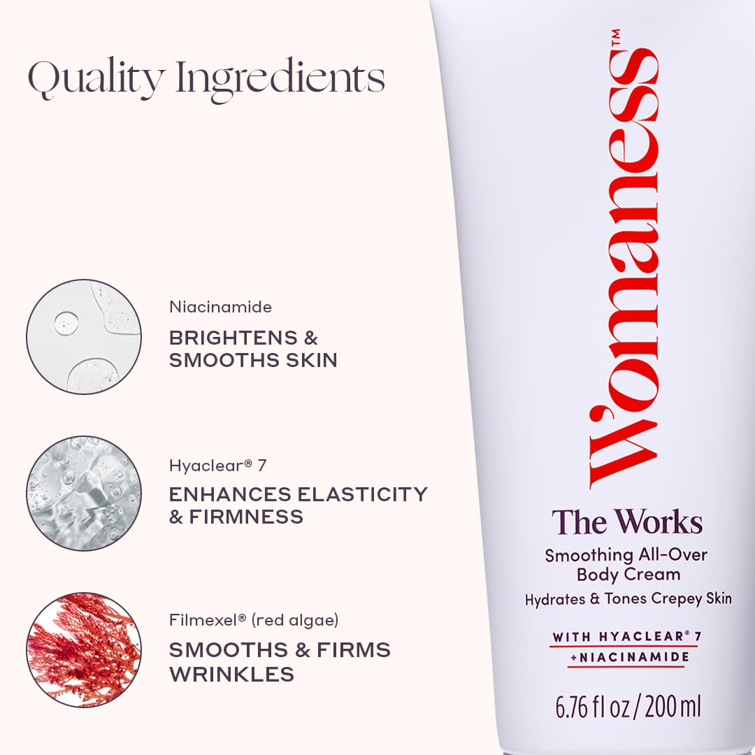 Womaness ingredients panel showing hyaluronic complex and niacinamide benefits