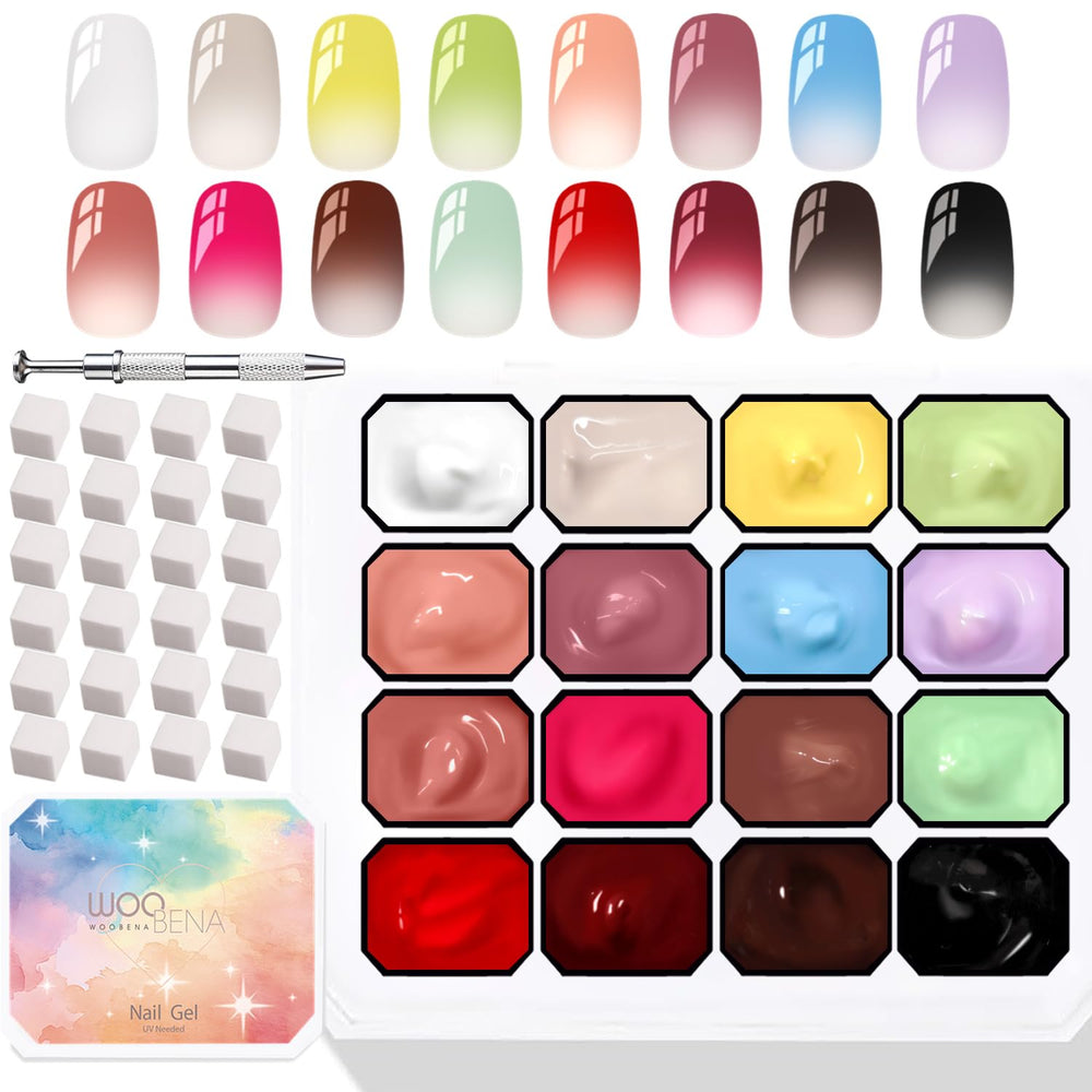 Woobena front packaging showing 16 colors and kit contents for easy setup