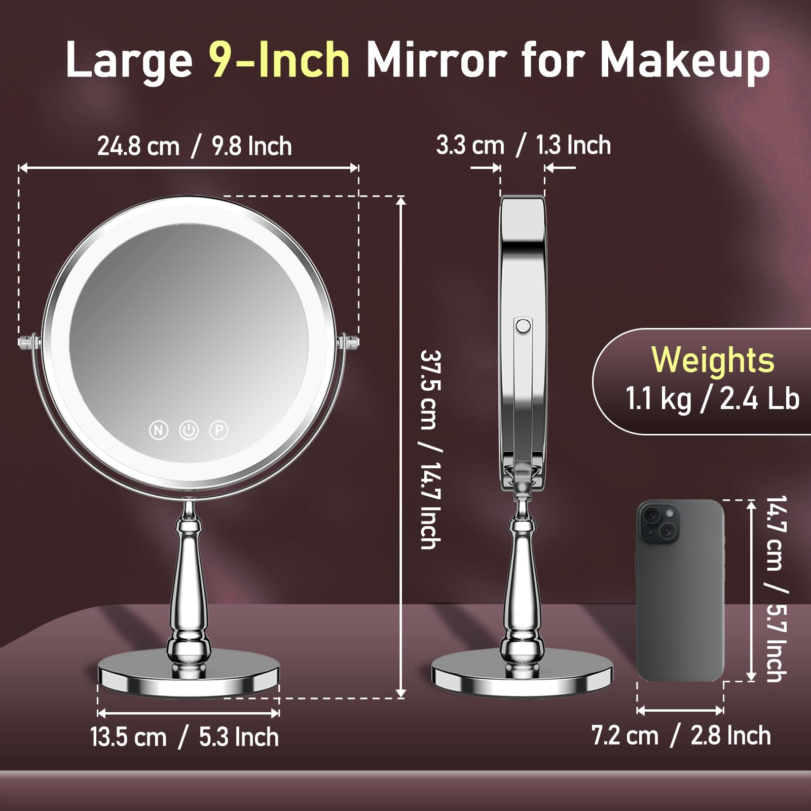 WOOCICA size comparison on dressing table showing compact 9-inch footprint