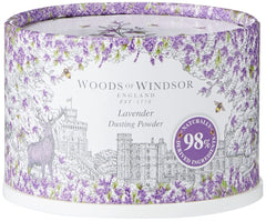 Woods of Windsor front packaging showing lavender powder jar and puff for elegant gifting