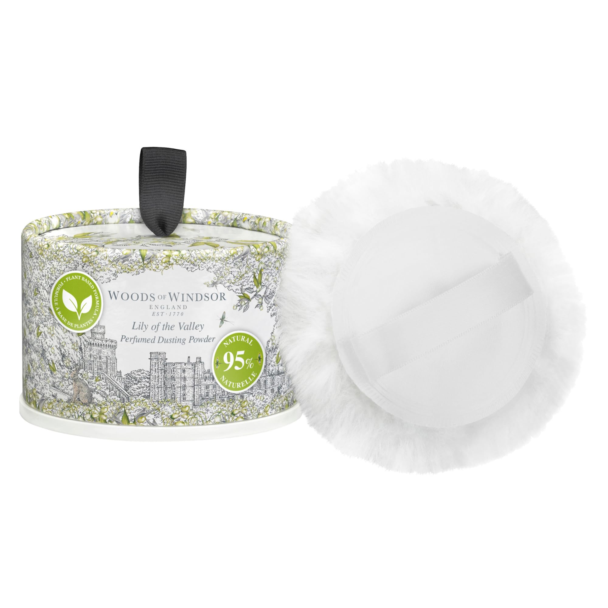 Woods of Windsor open tin with soft puff demonstrating easy, even application