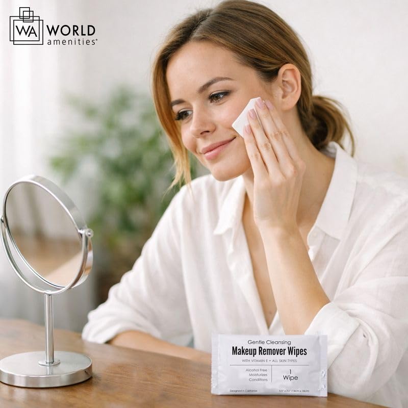 World Amenities wipe in use removing makeup gently from a guest's face