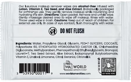 World Amenities product label detail highlighting ingredients and cruelty-free claim