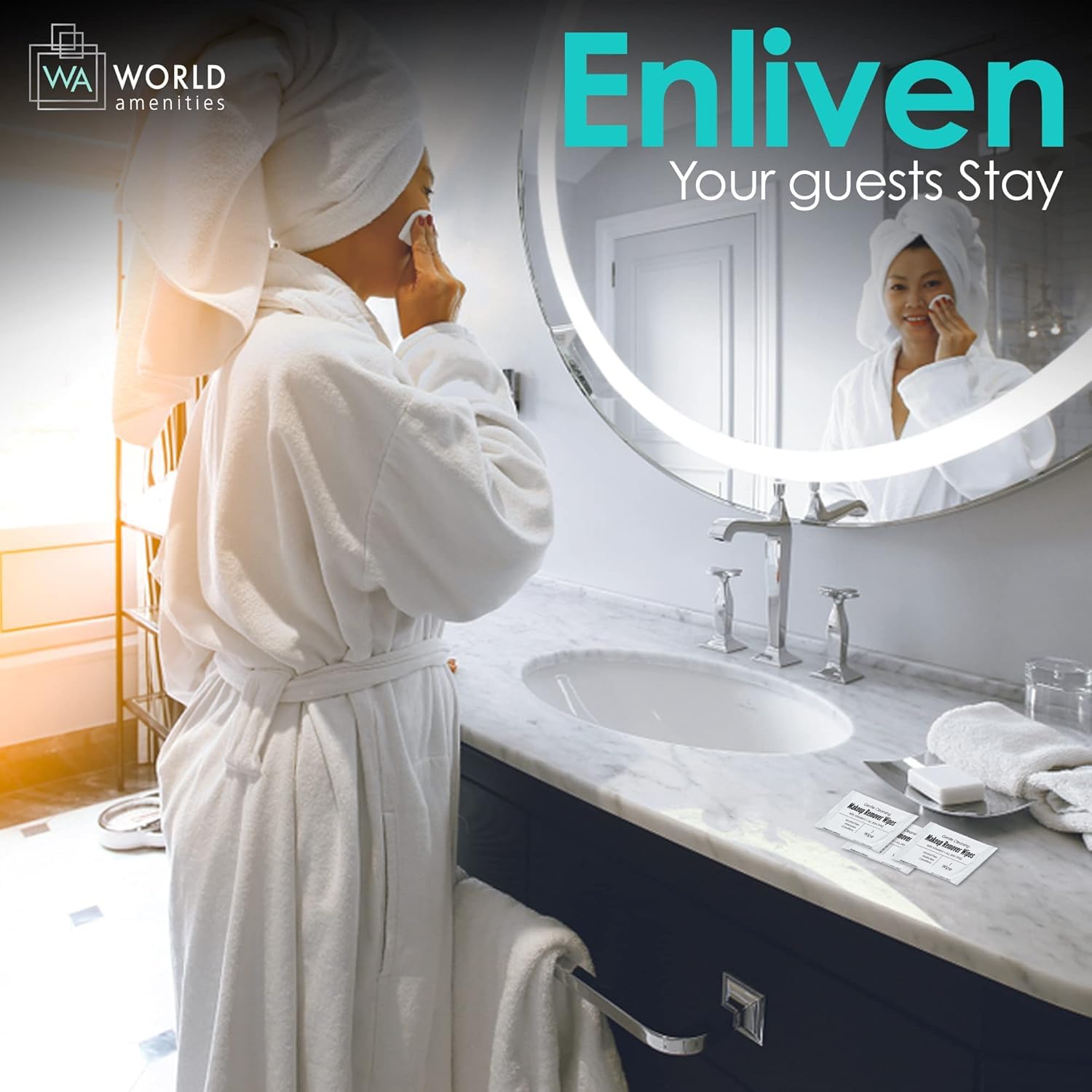World Amenities wipe showing moisture saturation and vitamin E benefits