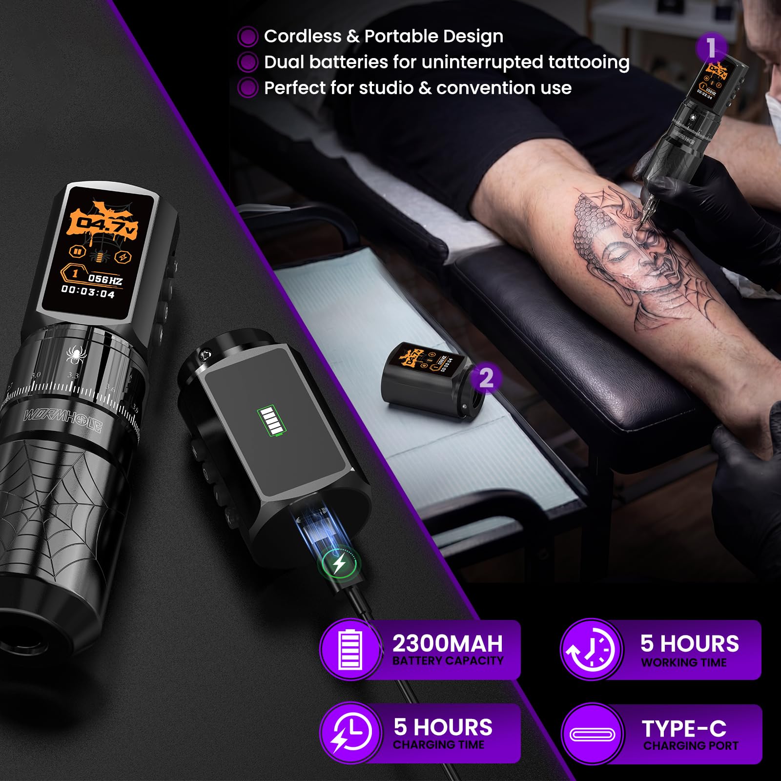 Wormhole Arachne machine side profile highlighting sleek body and reduced hand fatigue