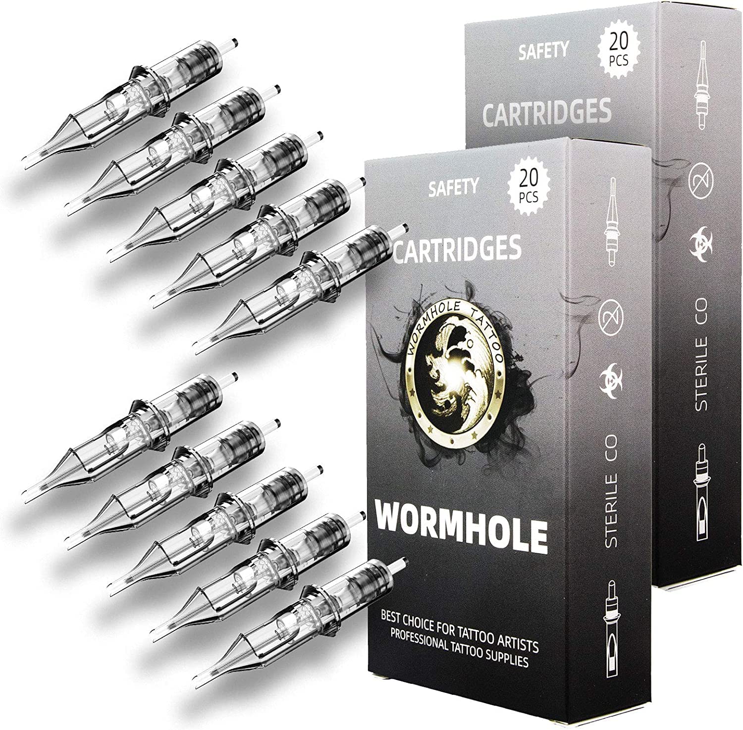 Wormhole Tattoo front packaging of 50pcs assorted cartridges shows full set benefit