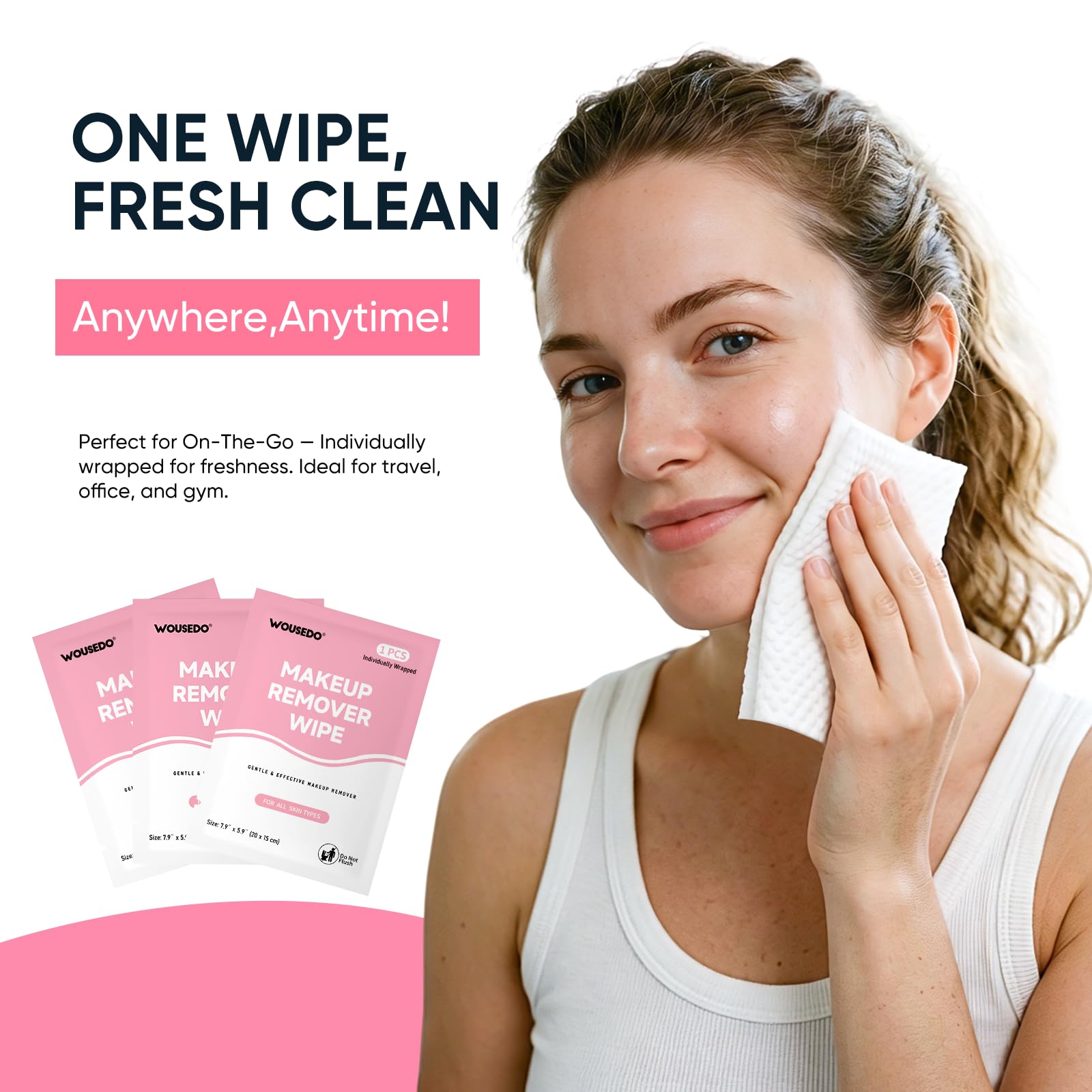 WOUSEDO wipe removing mascara showing gentle removal and eye-safe cleansing benefit