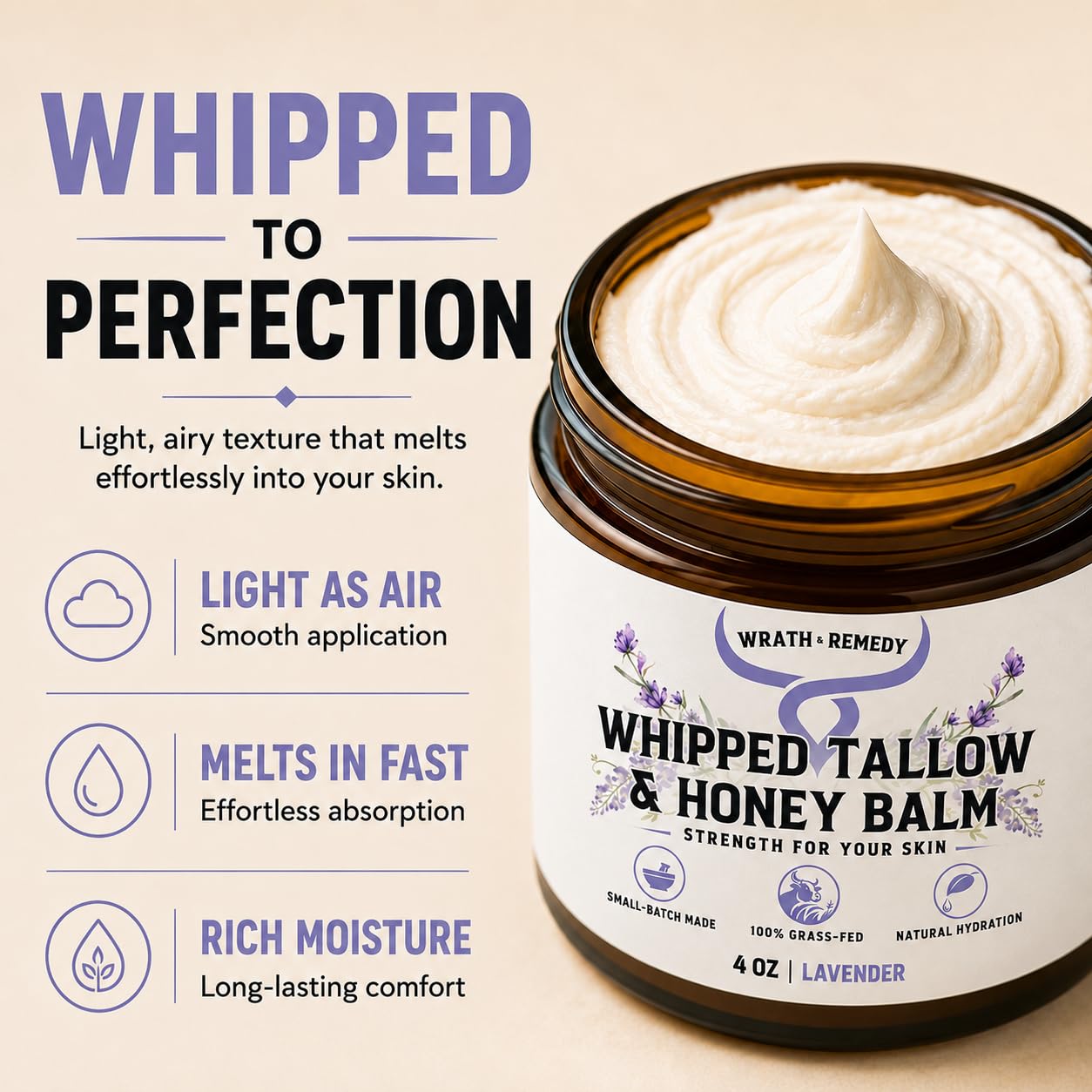 Wrath & Remedy jar on bathroom vanity conveying everyday ritual and calm lavender scent