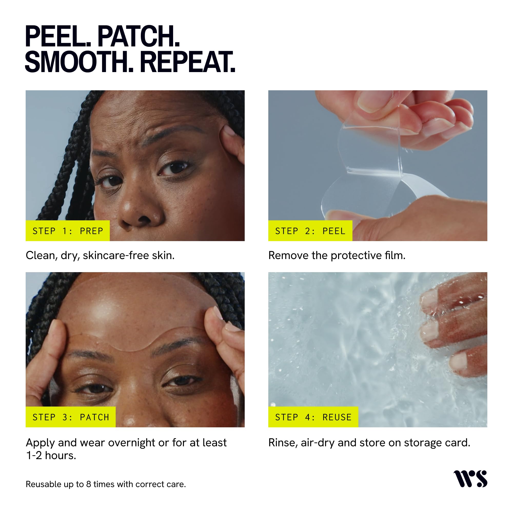 Wrinkles Schminkles patch applied to forehead demonstrating easy use and immediate smoothing benefit