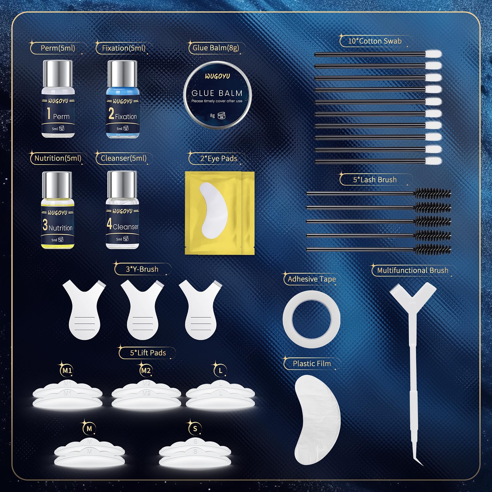 WUGOYU kit contents laid out including lotions, pads, brushes for easy use
