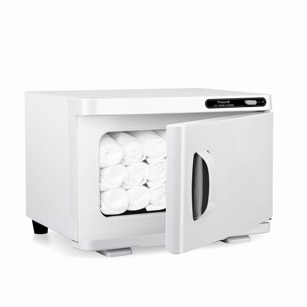 Wuissvnb front view showing compact white towel warmer and professional look