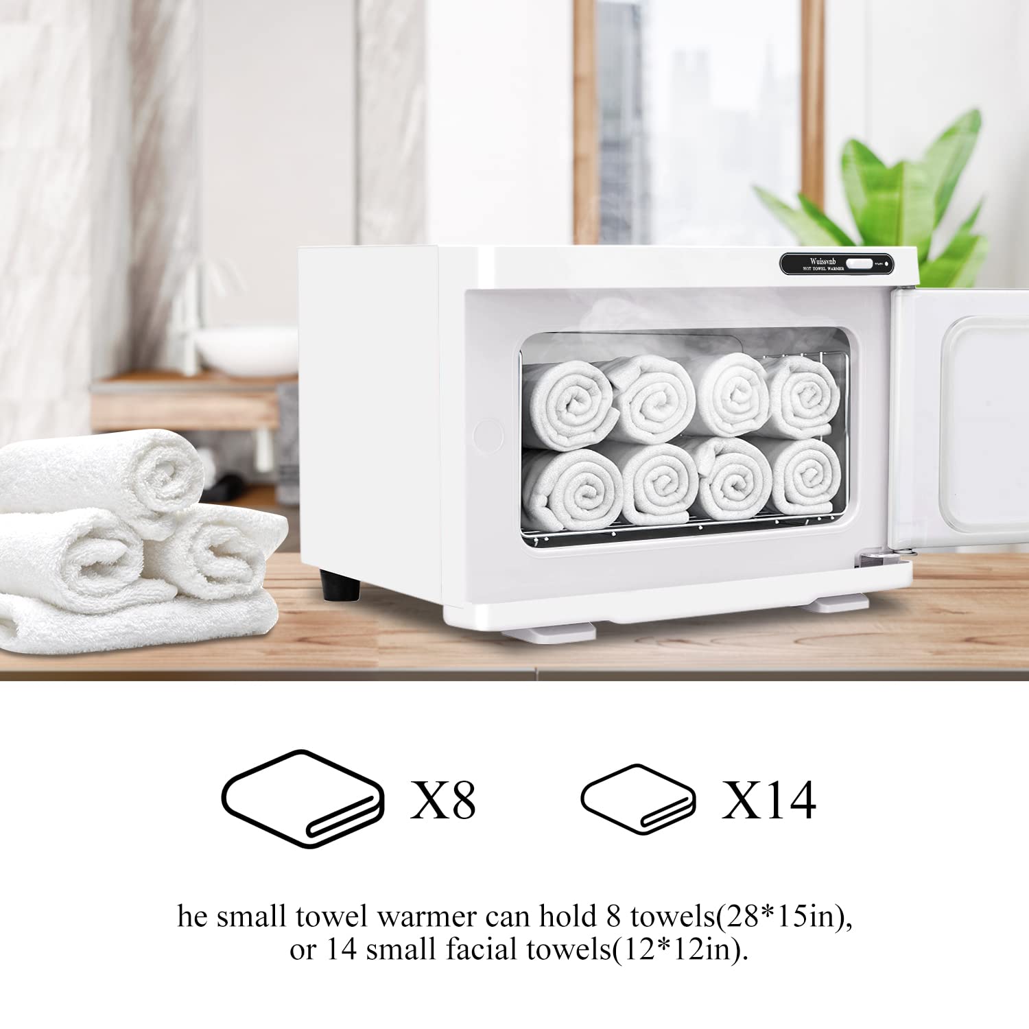 Wuissvnb next to stacked towels showing 8L capacity and countertop-friendly size
