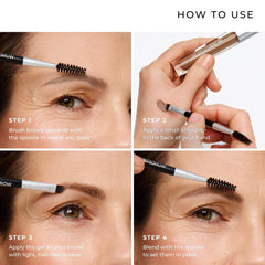 Hand applying WUNDERBROW with angled brush delivering targeted hair-like strokes benefit