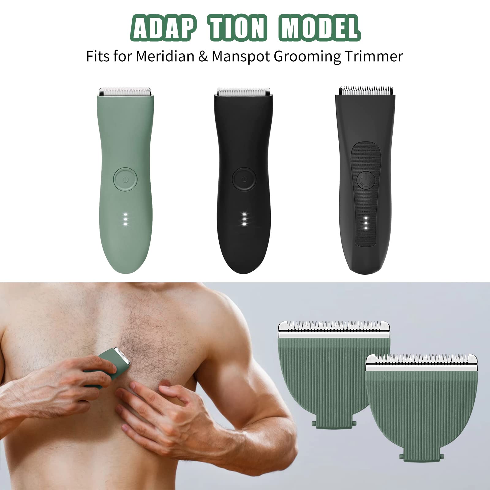 Wusuker blades staged in a bathroom grooming setup with Meridian trimmer, conveys practical everyday use