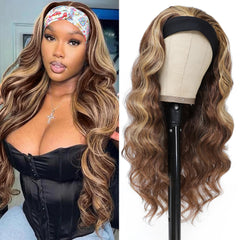 xccoco front view of glueless headband wig showing full honey blonde highlights and natural volume benefit