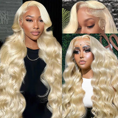 XIAPAY front view of wig packaging showing full blonde style and ready-to-wear benefit