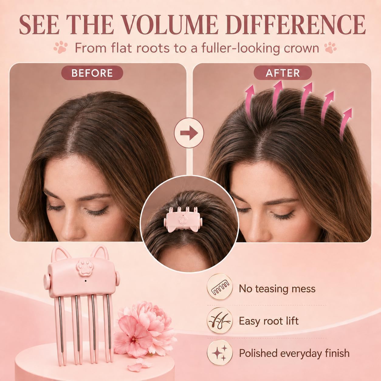 XIDIAK before-and-after bangs showing fuller crown and visible lift benefit