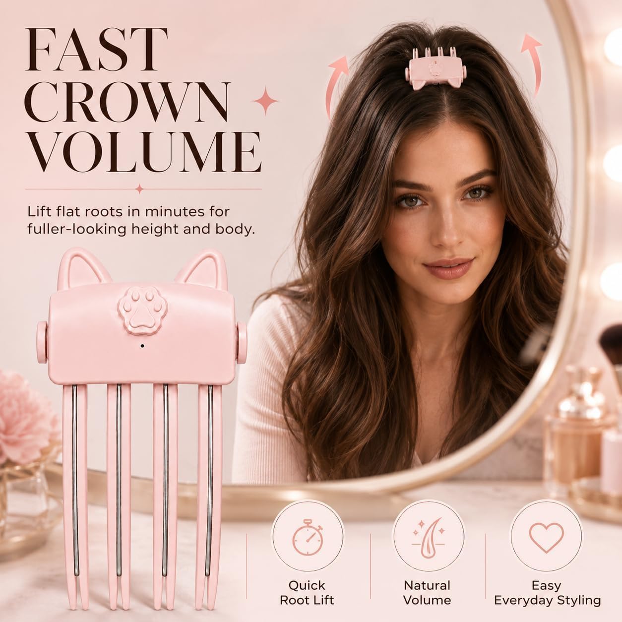 XIDIAK pink clip staged on bathroom counter for quick touch-up benefit