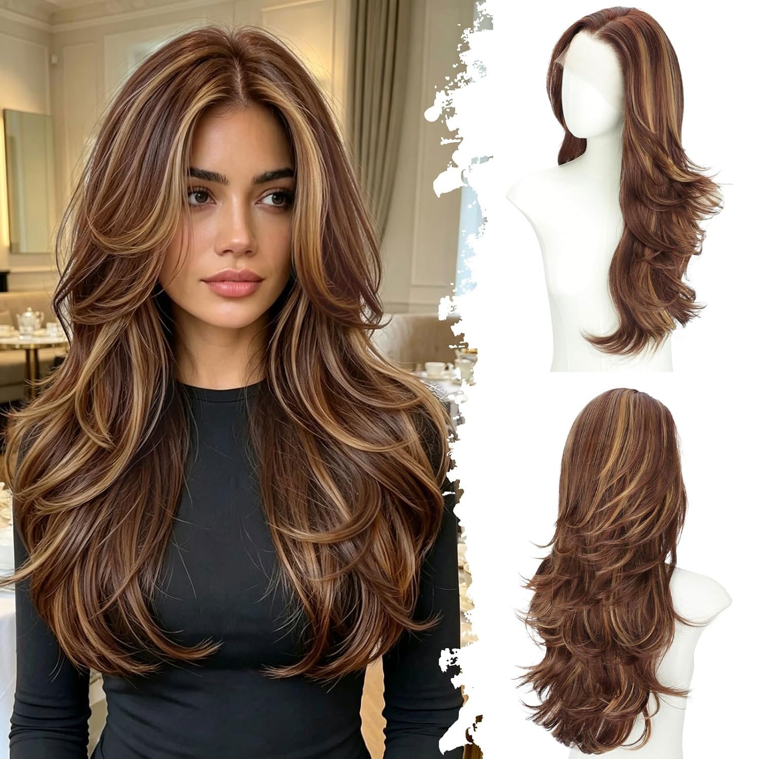 XIXIBI front view brown highlight wig showing natural hairline and volume