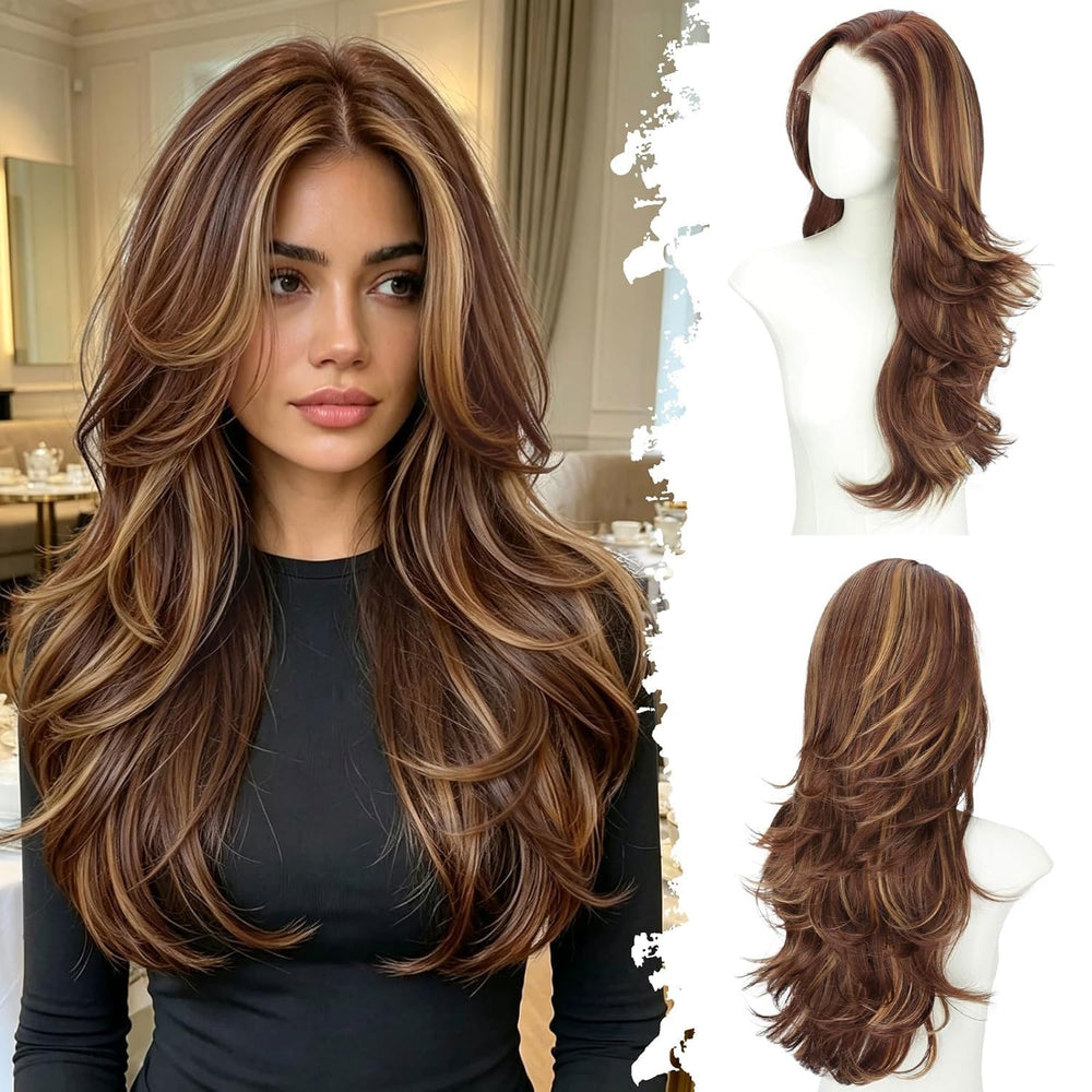 XIXIBI front view brown highlight wig showing natural hairline and volume