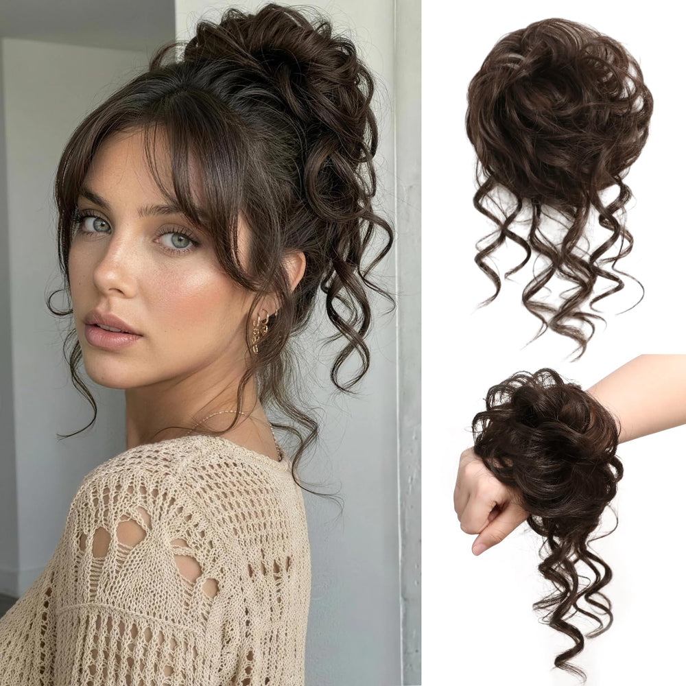 XIXISNOW front view of dark brown human hair messy bun showing natural finish