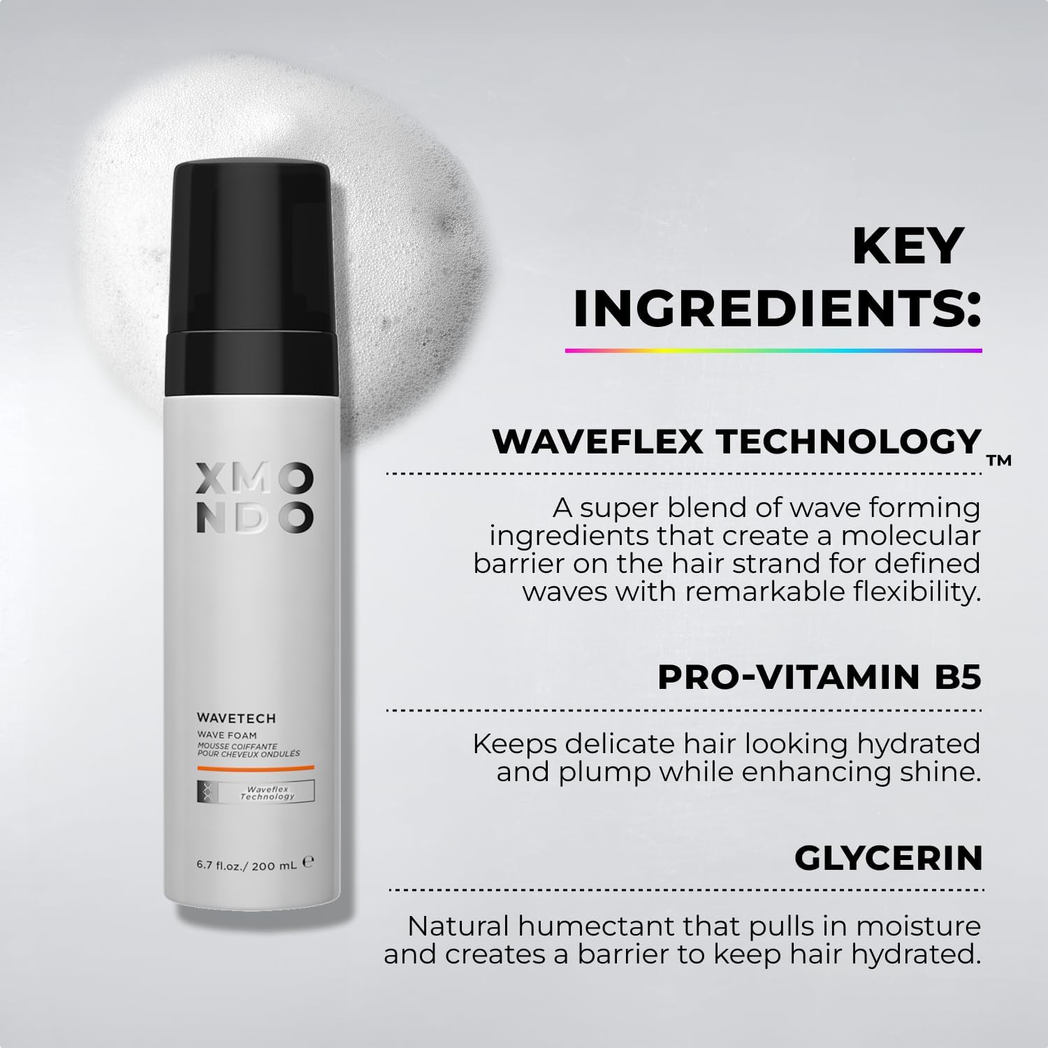 XMONDO foam texture closeup showing lightweight mousse for natural wave enhancement