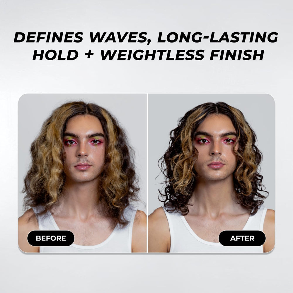 XMONDO in-use scrunching hair demonstrating defined, frizz-free waves benefit