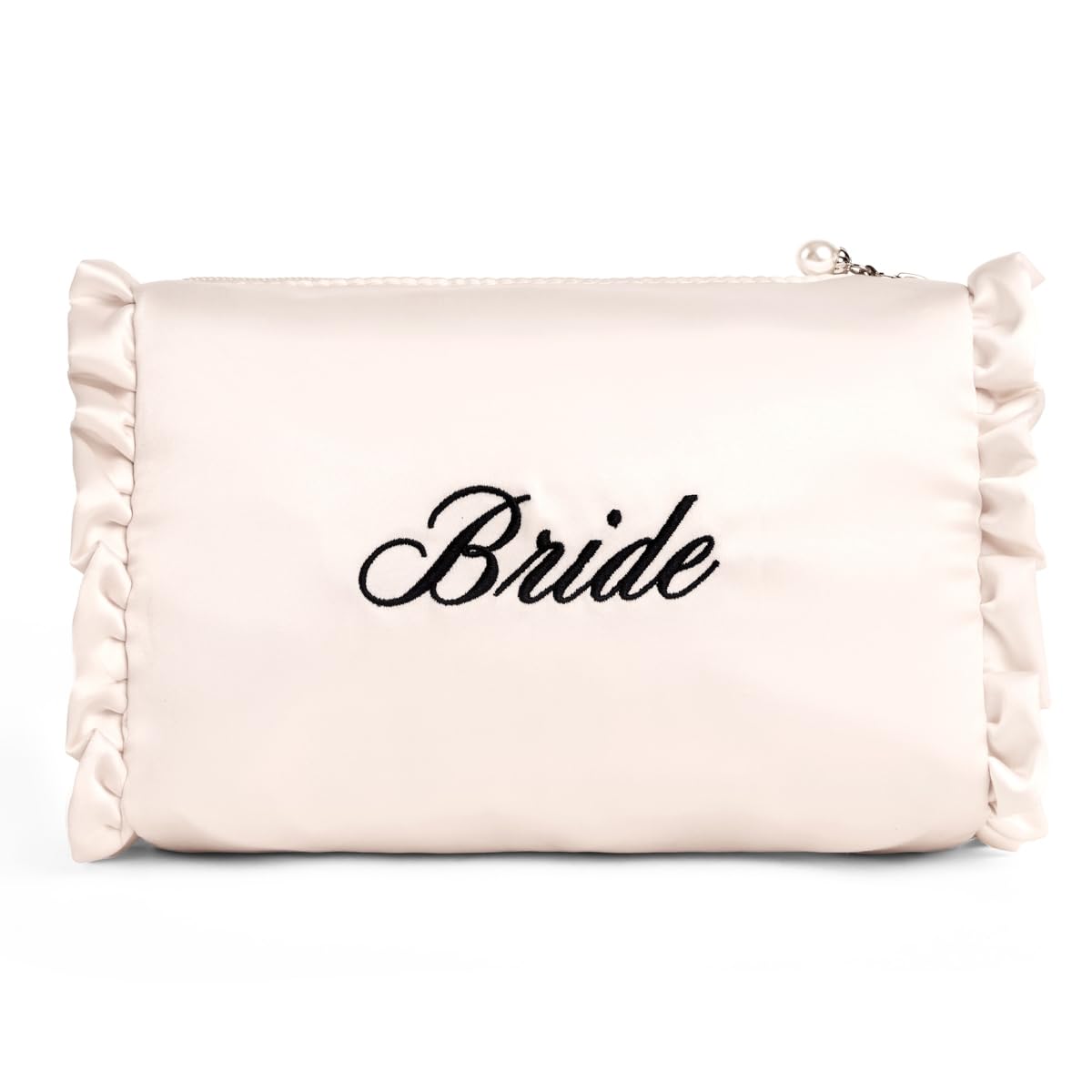 xo, Fetti front view showing ivory satin bag and black bride embroidery, elegant giftable accessory