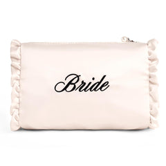 xo, Fetti front view showing ivory satin bag and black bride embroidery, elegant giftable accessory