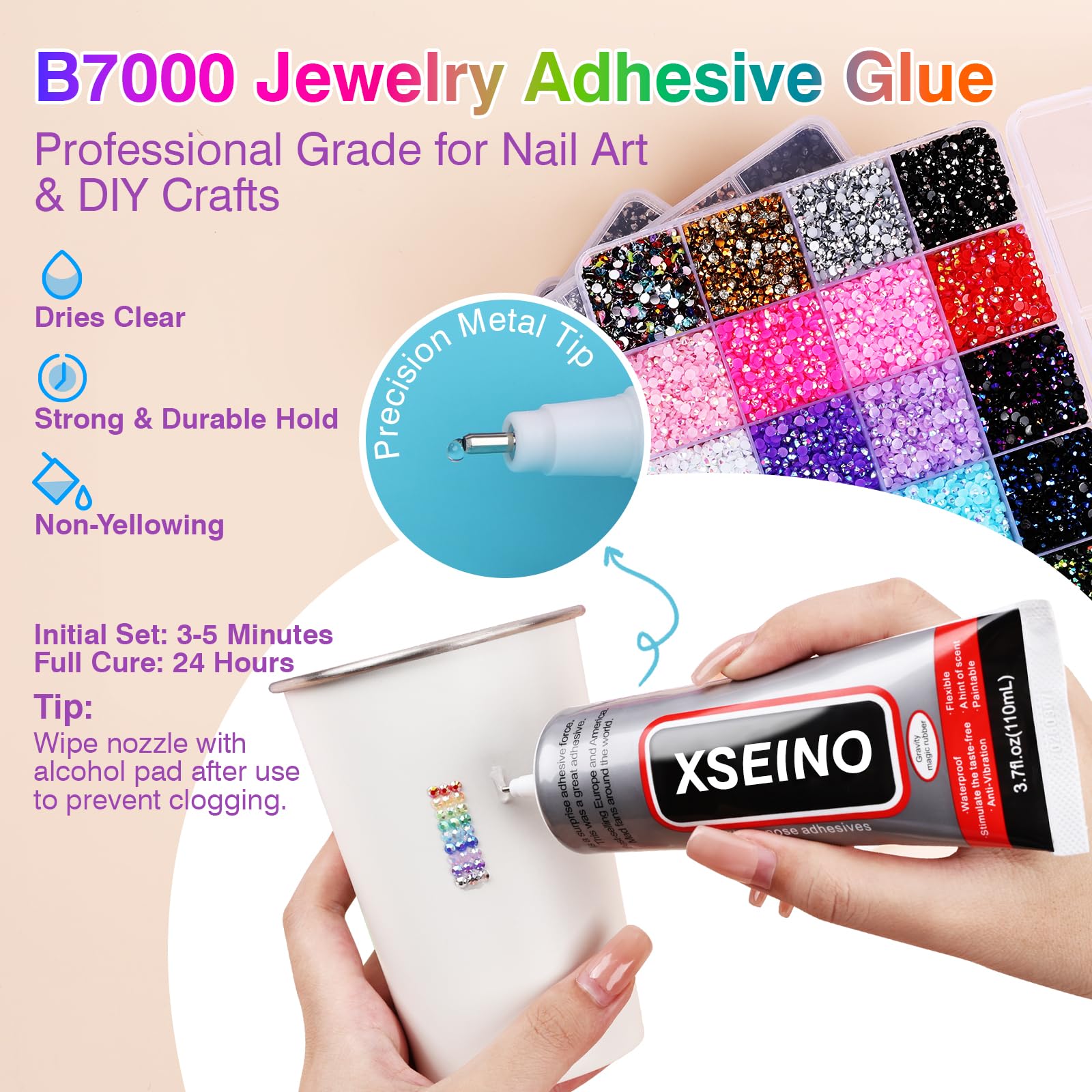 XSEINO close-up of 48-color rhinestone array highlighting vibrant, multi-angle sparkle