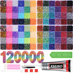 XSEINO front packaging showing full rhinestone kit and included tools for instant crafting